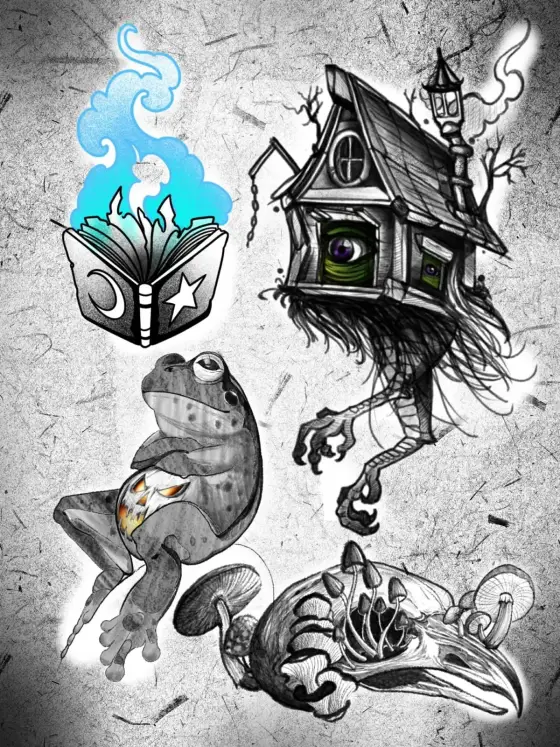 Planche de flash ArtCore : grimoire enflammé, maison sur pattes, grenouille à citrouille et crâne d'oiseau aux champignons.