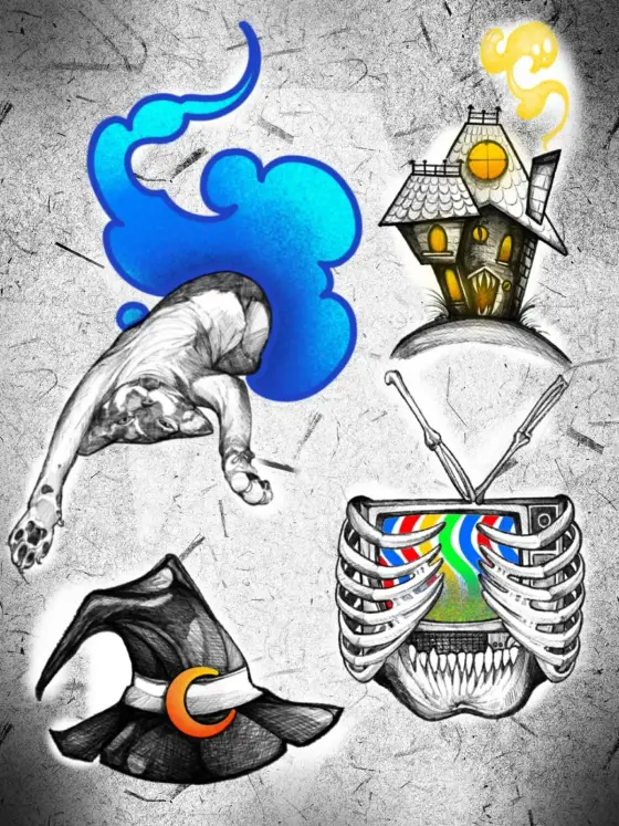 Planche de flash ArtCore : chien dans un nuage bleu, maison hantée, chapeau de sorcière et cage thoracique-téléviseur, au crayon sur papier gris.