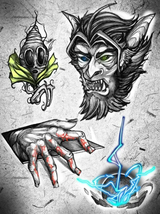 Planche de flash ArtCore : cocon à visage, tête de loup-garou, main écorchée et sphère électrique bleue.