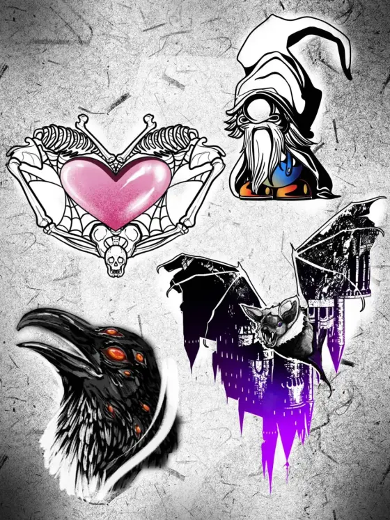 Planche de flash ArtCore : squelette tenant un cœur rose, sorcier barbu, corbeau et chauve-souris sur un château violet.